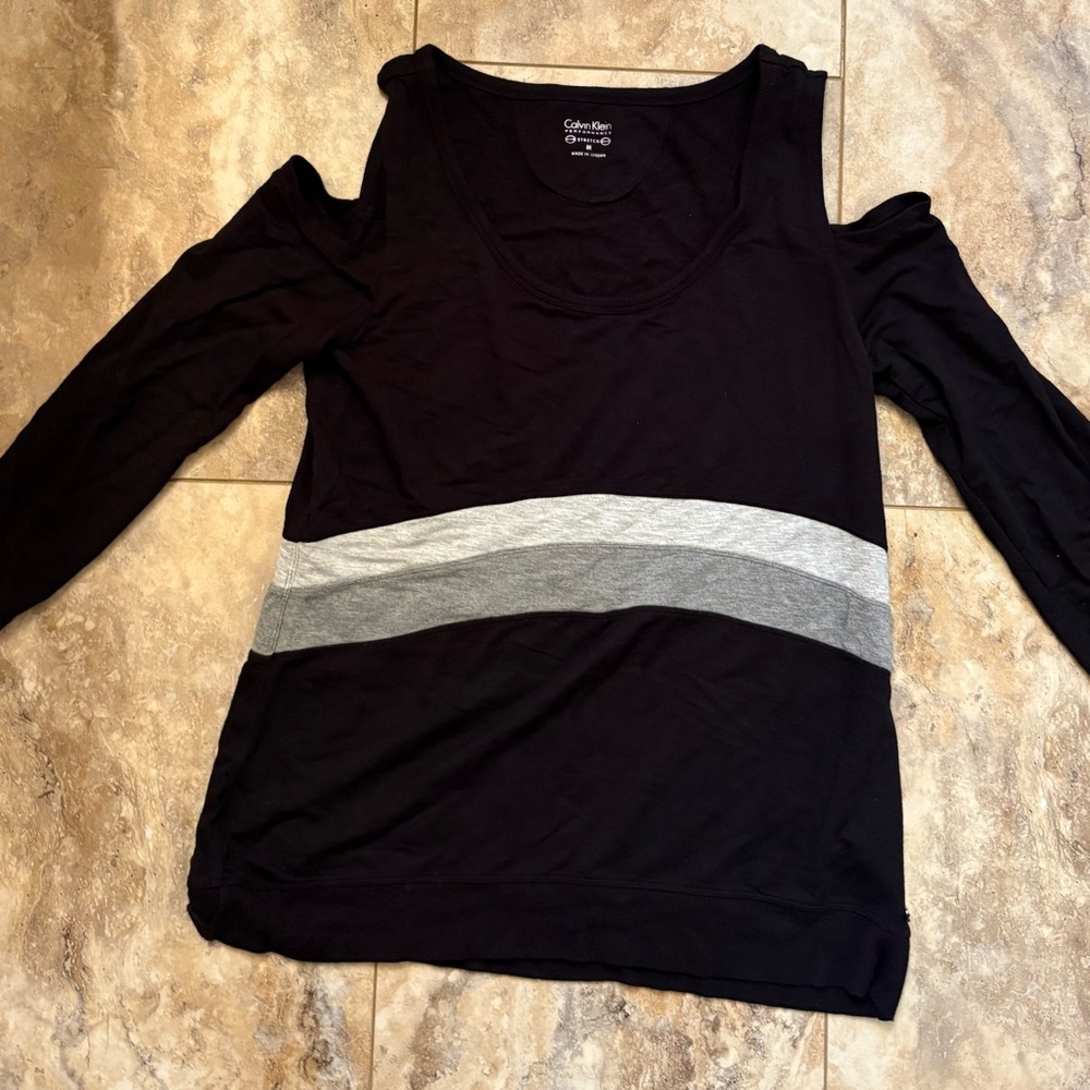 Calvin Klein Performance Cold Shoulder Black Crewneck Stretch Top Womens Size M